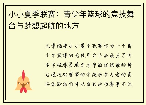 小小夏季联赛：青少年篮球的竞技舞台与梦想起航的地方