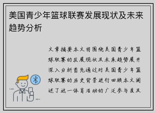 美国青少年篮球联赛发展现状及未来趋势分析